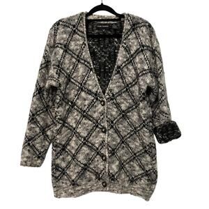 Vintage Mohair Wool Chunky Knit Grandpa Cardigan Sweater Black White Size Small
